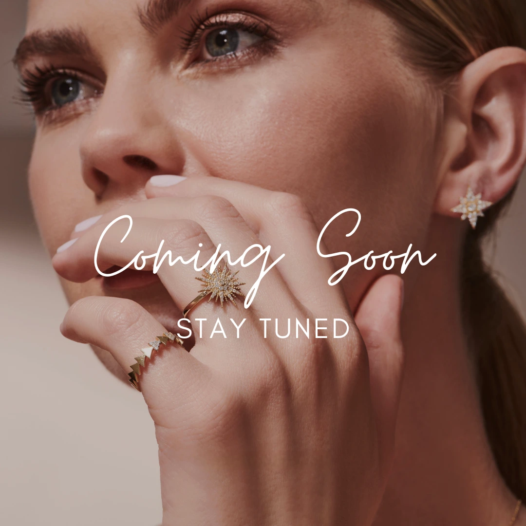 DUAL “Coming soon, stay tuned” post: model with a star ring and earring