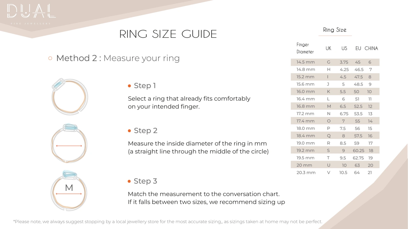 DUAL ring size guide for the website